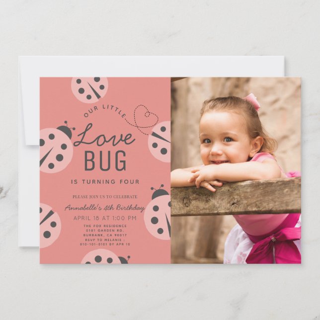 Invitation Little Log Bug Rose Ladybug Photo Anniversaire (Devant)