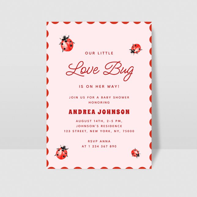 Invitation Little Log Bug rose & Red Ladybug Baby shower (Créateur téléchargé)