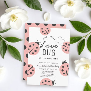 Invitation Little Log Light Pink Ladybug 1er anniversaire