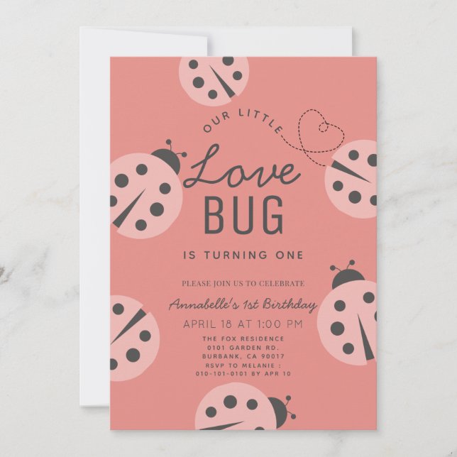 Invitation Little Log Pink Ladybug 1er anniversaire (Devant)