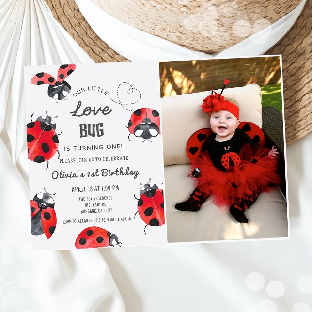 Invitation Little Love Bug 1st Birthday Party Photo (Créateur téléchargé)