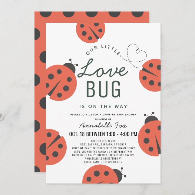 Invitation Little Love Bug Ladybug Drive-by Baby shower (Devant / Derrière)