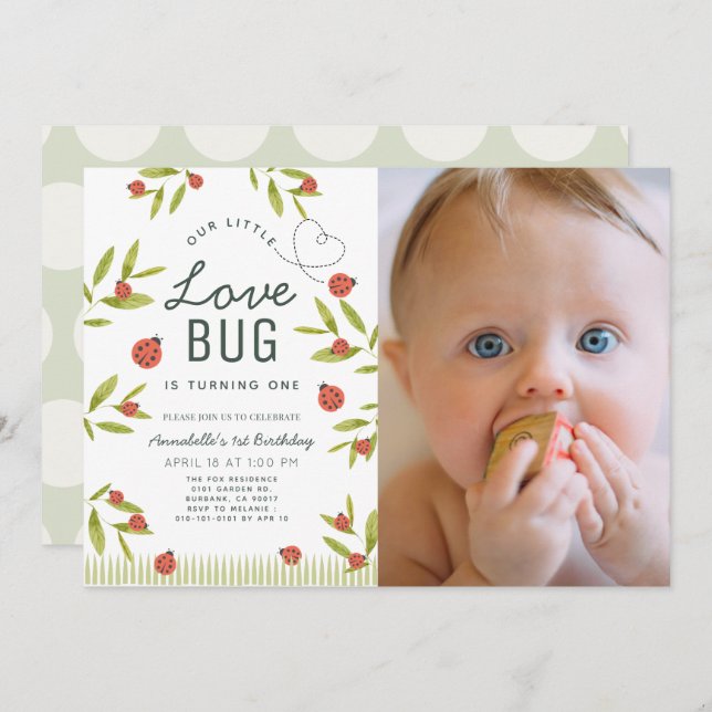 Invitation Little Love Bug Ladybug Girl Photo 1er Anniversair (Devant / Derrière)