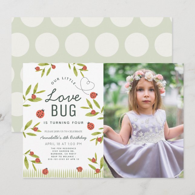 Invitation Little Love Bug Ladybug Girl Photo Anniversaire (Devant / Derrière)