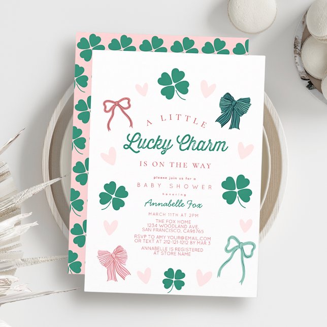 Invitation Little Lucky Charm Bow Shamrock Girl Baby Shower (Créateur téléchargé)