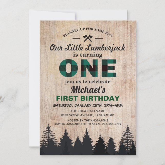 Invitation Little Lumberjack 1er Anniversaire fête Green Plai (Devant)