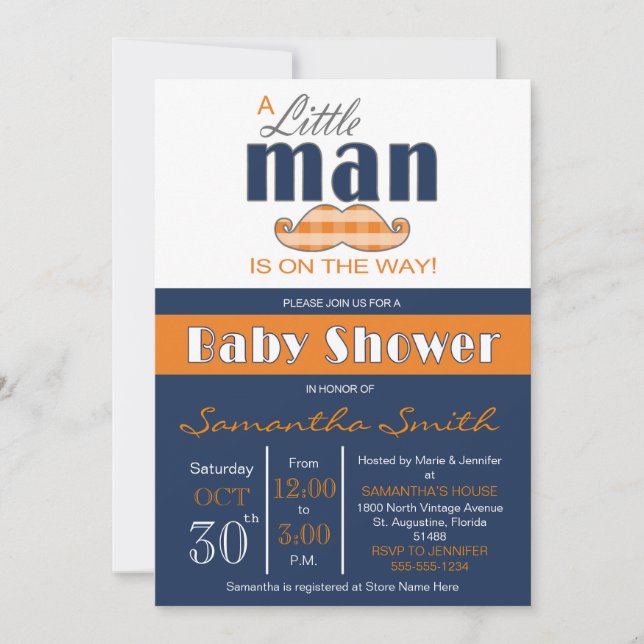Invitation Little Man Baby shower Marine bleu et orange (Devant)
