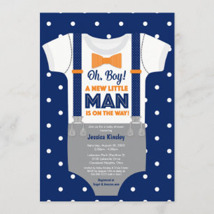 Invitation Little Man Baby shower, Navy Blue et Orange