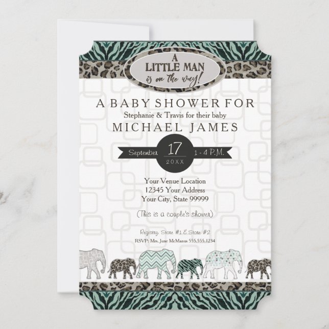 Invitation Little Man Boy Safari Elephants Zebra Baby shower (Devant)