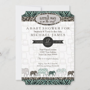 Invitation Little Man Boy Safari Elephants Zebra Baby shower