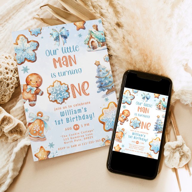 Invitation Little Man Christmas Blue Cookie 1er anniversaire (Créateur téléchargé)