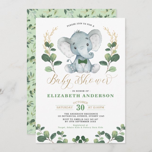 Invitation Little Man Elephant Green Gold Boy Baby shower (Devant / Derrière)