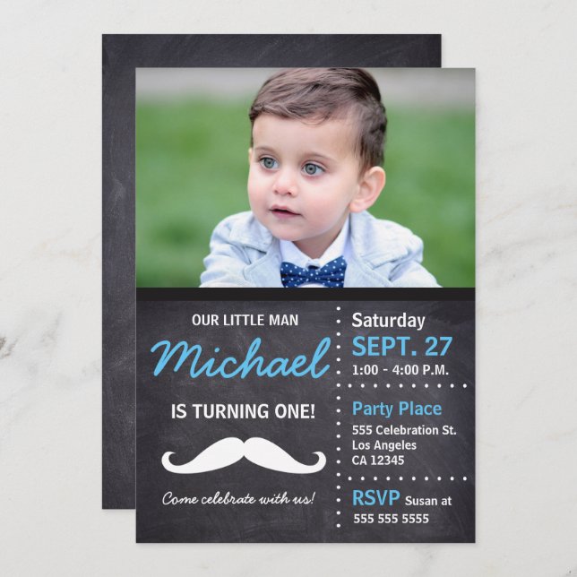 Invitation Little Man fête ses 1 ans | Anniversaire Mustache  (Devant / Derrière)