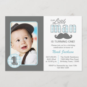 Invitation Little Man First Birday Mustache Blue Grey Photo