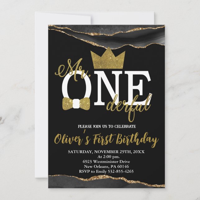 Invitation Little Man, Mr One-derful Birthday, Black & Gold (Devant)