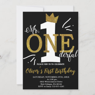 Invitation Little Man, Mr One-derful Birthday, Black & Gold