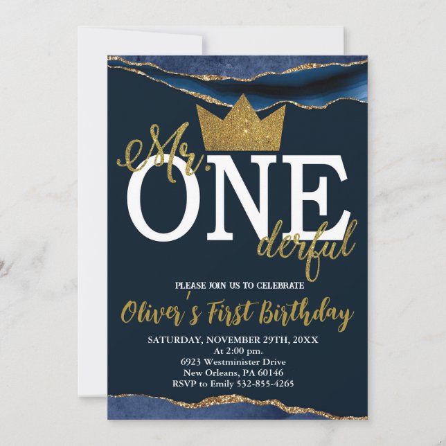 Invitation Little Man, Mr One-derful Birthday, Navy & Gold (Devant)