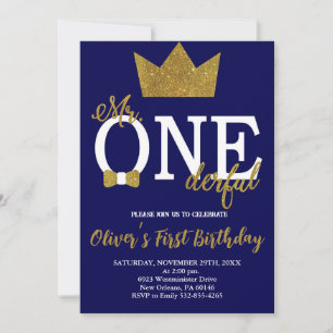 Invitation Little Man, Mr One-derful Birthday, Navy & Gold