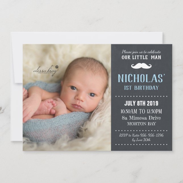Invitation Little Man Mustache 1er Birthday Boy Chalkboard (Devant)