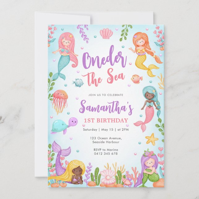 Invitation Little Mermaid Oneder The Sea 1st Birthday (Devant)