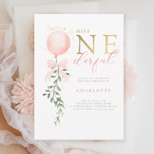 Invitation Little Miss Blush Bow Balloon 1er fête d'anniversa (little miss onederful girls 1st birthday invite pink blush balloon bow greenery watercolor elegant)