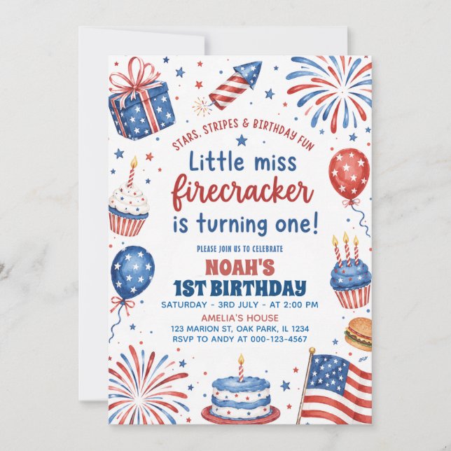 Invitation Little Miss Firecracker 4 juillet 1er Anniversaire (Devant)