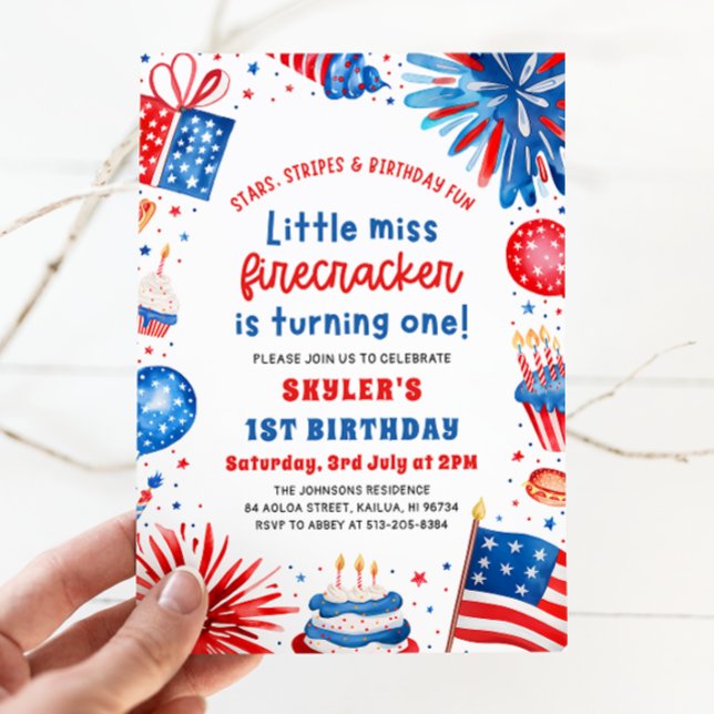 Invitation Little Miss Firecracker 4 juillet 1er anniversaire (Watercolor Patriotic Fireworks Little Miss Firecracker 4th of July 1st Birthday Invitation)