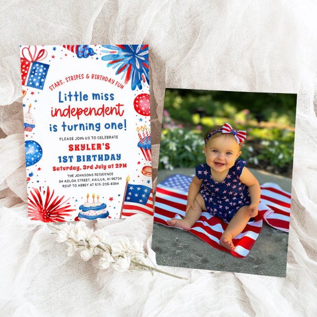 Invitation Little Miss Independent 4 juillet 1er anniversaire (Watercolor Fireworks Patriotic Little Miss Independent 4th of July Girl 1st Birthday Invitation)