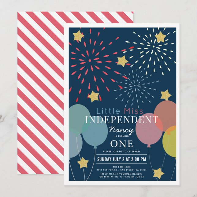 Invitation Little Miss Independent Fireworks Balloon Annivers (Devant / Derrière)