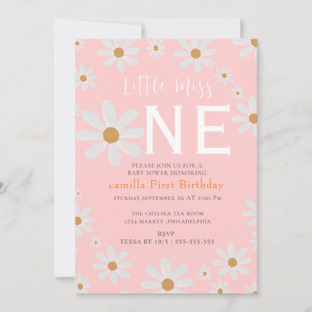 Invitation Little Miss ONE derful Daisy Flowers Anniversaire (Devant)