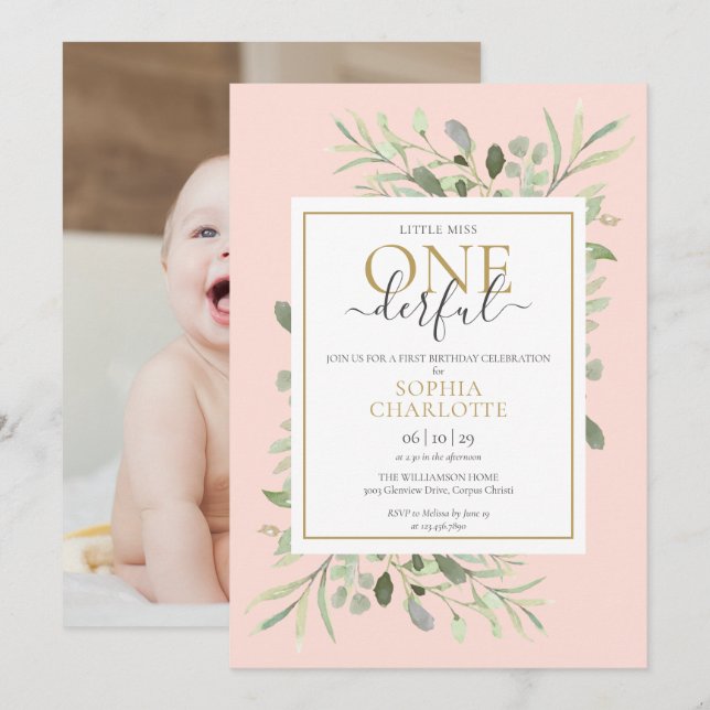 Invitation Little Miss ONE derful Rose Girl 1er anniversaire  (Devant / Derrière)