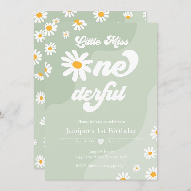 Invitation Little Miss ONEderful 1er anniversaire Boho Daisy (Devant / Derrière)