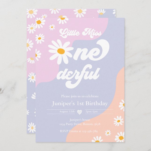 Invitation Little Miss ONEderful 1er anniversaire Boho Daisy (Devant / Derrière)