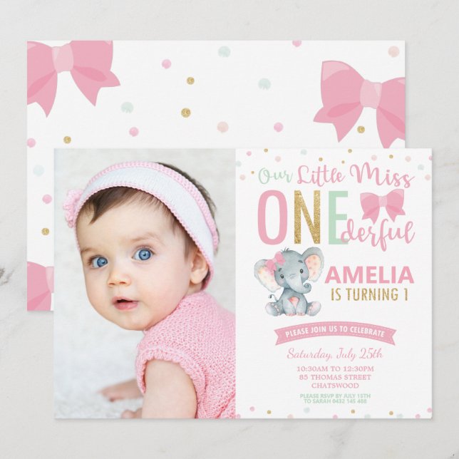 Invitation Little Miss ONEderful 1st Birthday Elephant Photo (Devant / Derrière)