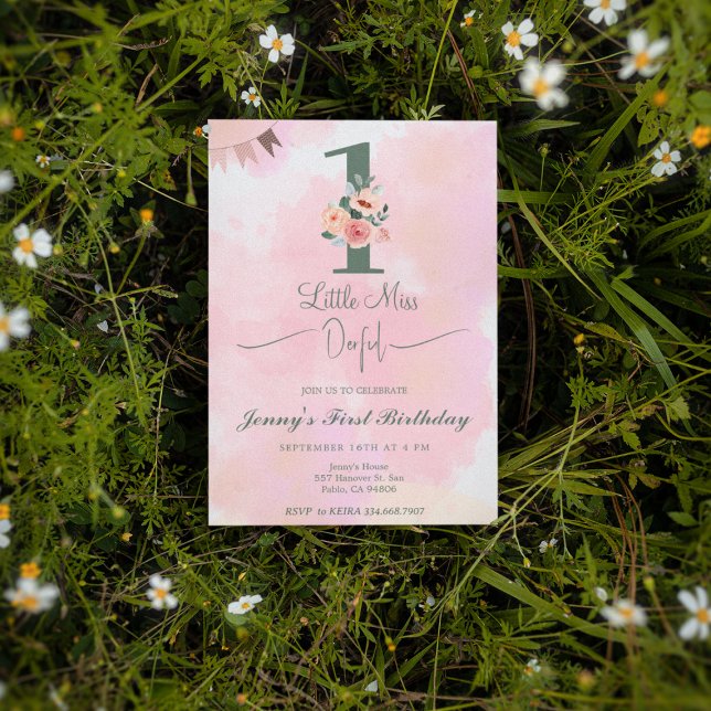 Invitation Little Miss ONEderful Aquarelle rose 1er anniversa (Créateur téléchargé)