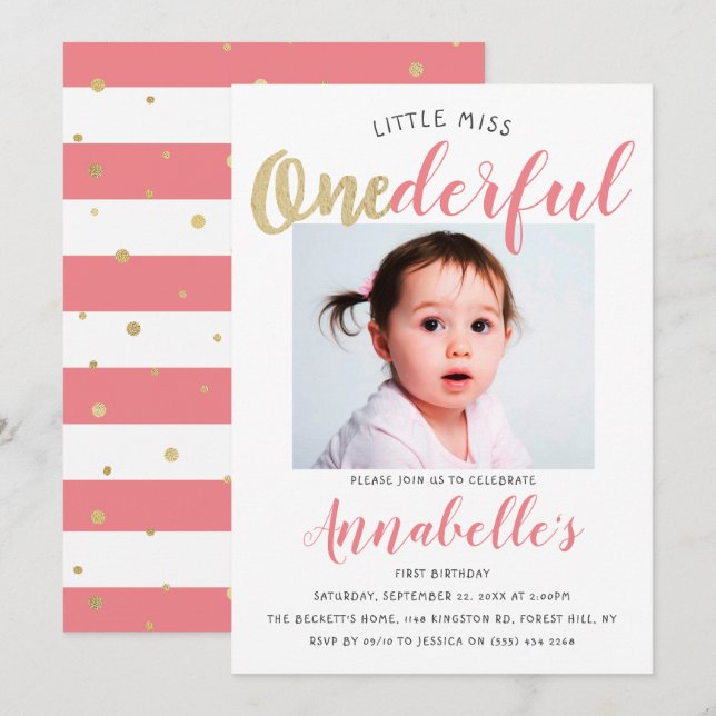 Invitation Little Miss Onederful Photo 1er anniversaire (Devant / Derrière)