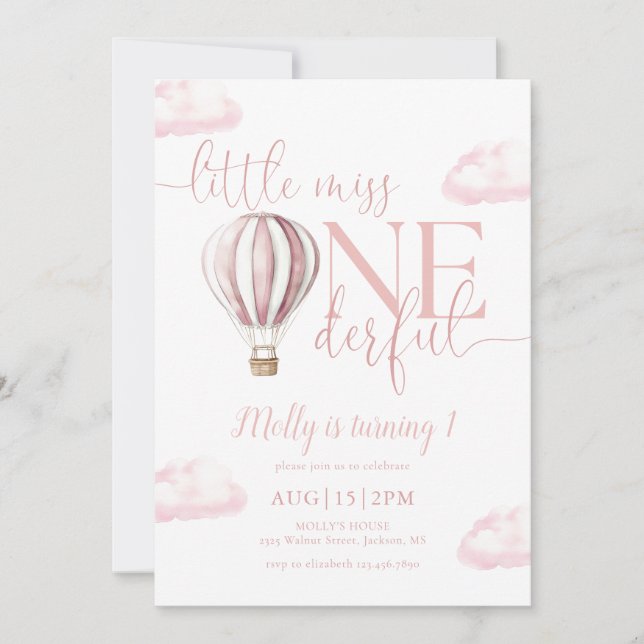 Invitation Little Miss Onederful Pink Balloon 1er Anniversair (Devant)