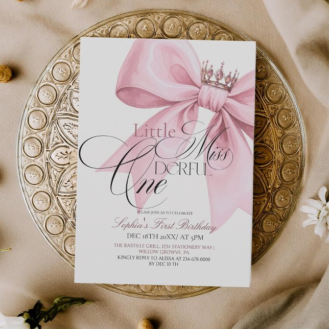 Invitation Little Miss ONEderful Pink Bow 1st Birthday Party (Créateur téléchargé)