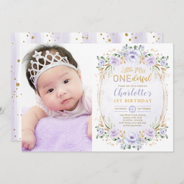 Invitation Little Miss ONEderful Purple Gold Floral Anniversa (Devant / Derrière)