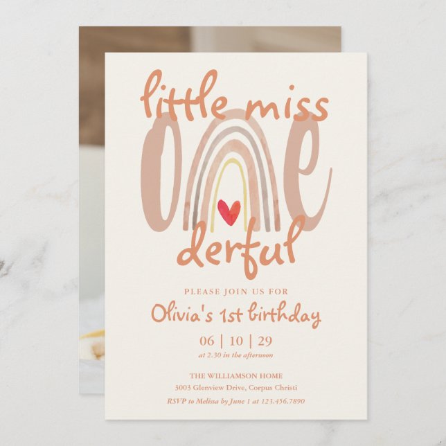 Invitation Little Miss Onederful Rainbow Photo 1st Birthday (Devant / Derrière)