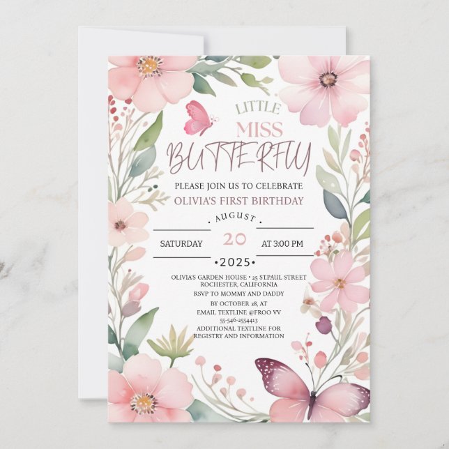 Invitation Little Miss papillon Rose Floral 1er anniversaire (Devant)