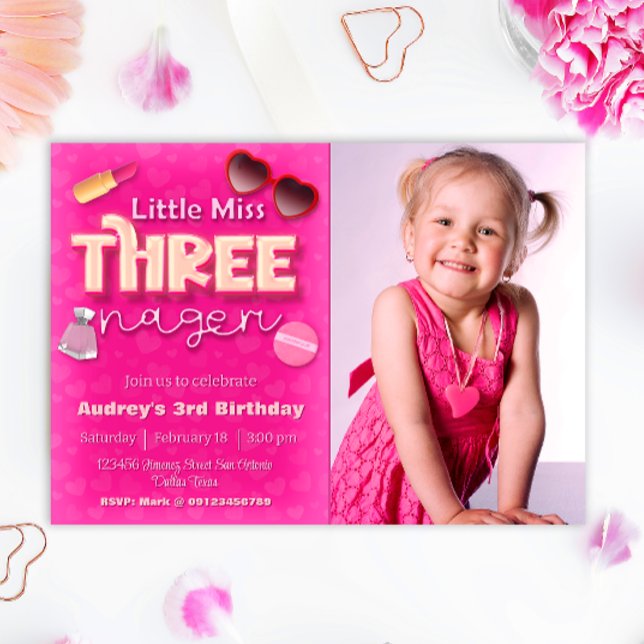 Invitation Little Miss Threenager - Fille 3e anniversaire (Little Miss Threenager - Girl 3rd Birthday Landscape Invitation with Photo)