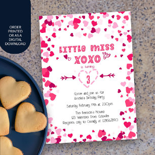 Invitation Little Miss XOXO Cœurs Roses Fille Anniversaire