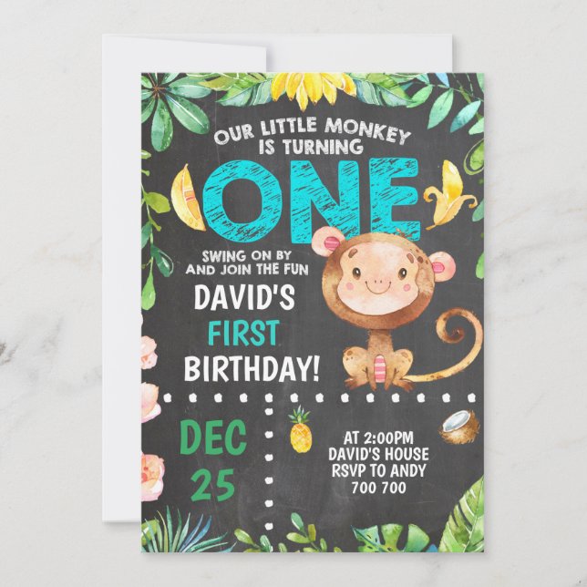 Invitation Little Monkey First Birthday Boy Party (Devant)