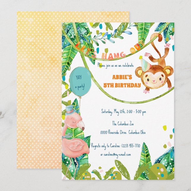 Invitation Little Monkey Tropical Party Time (Devant / Derrière)