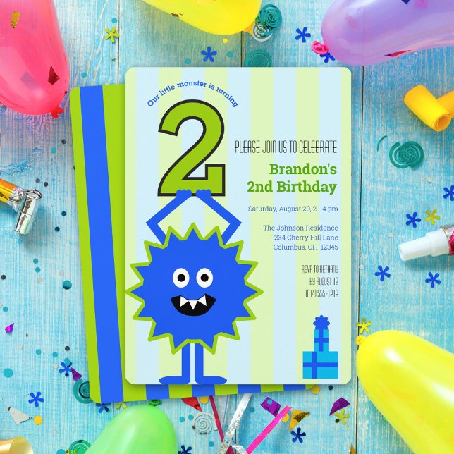 Invitation Little Monster Boy 2e anniversaire Blue Green Stri (Créateur téléchargé)