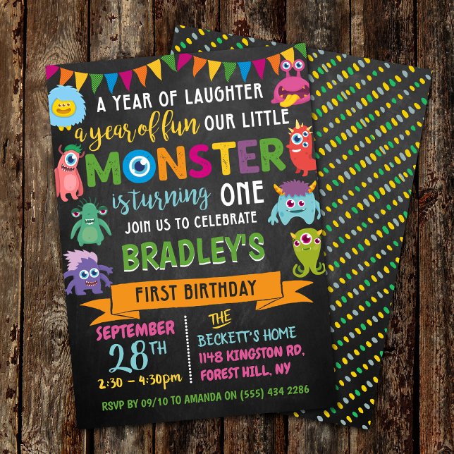 Invitation Little Monster Chalkboard 1er anniversaire (Créateur téléchargé)