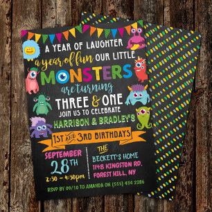 Invitation Little Monster Chalkboard 1er et 3e anniversaire c