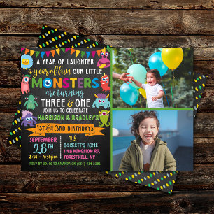 Invitation Little Monster Chalkboard 1er et 3e anniversaire c