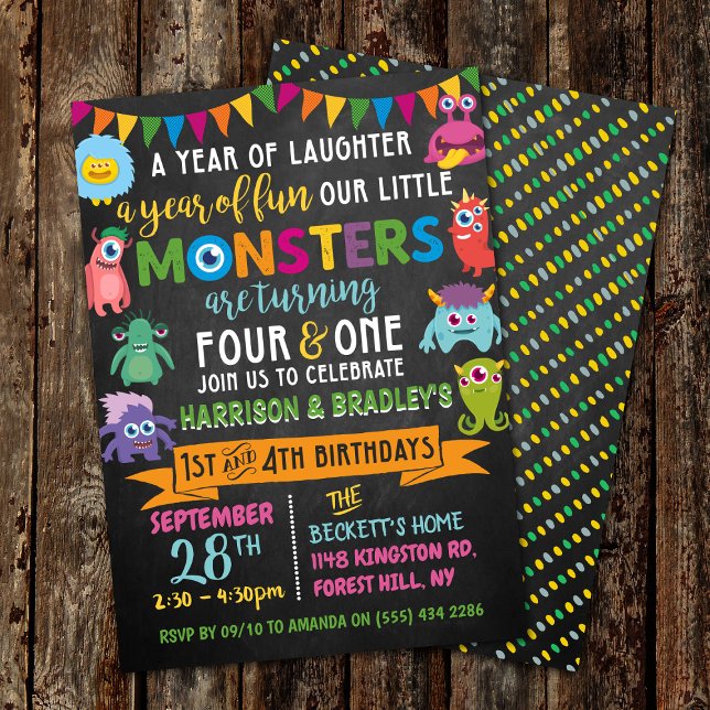 Invitation Little Monster Chalkboard 1er et 4e anniversaire c (Créateur téléchargé)